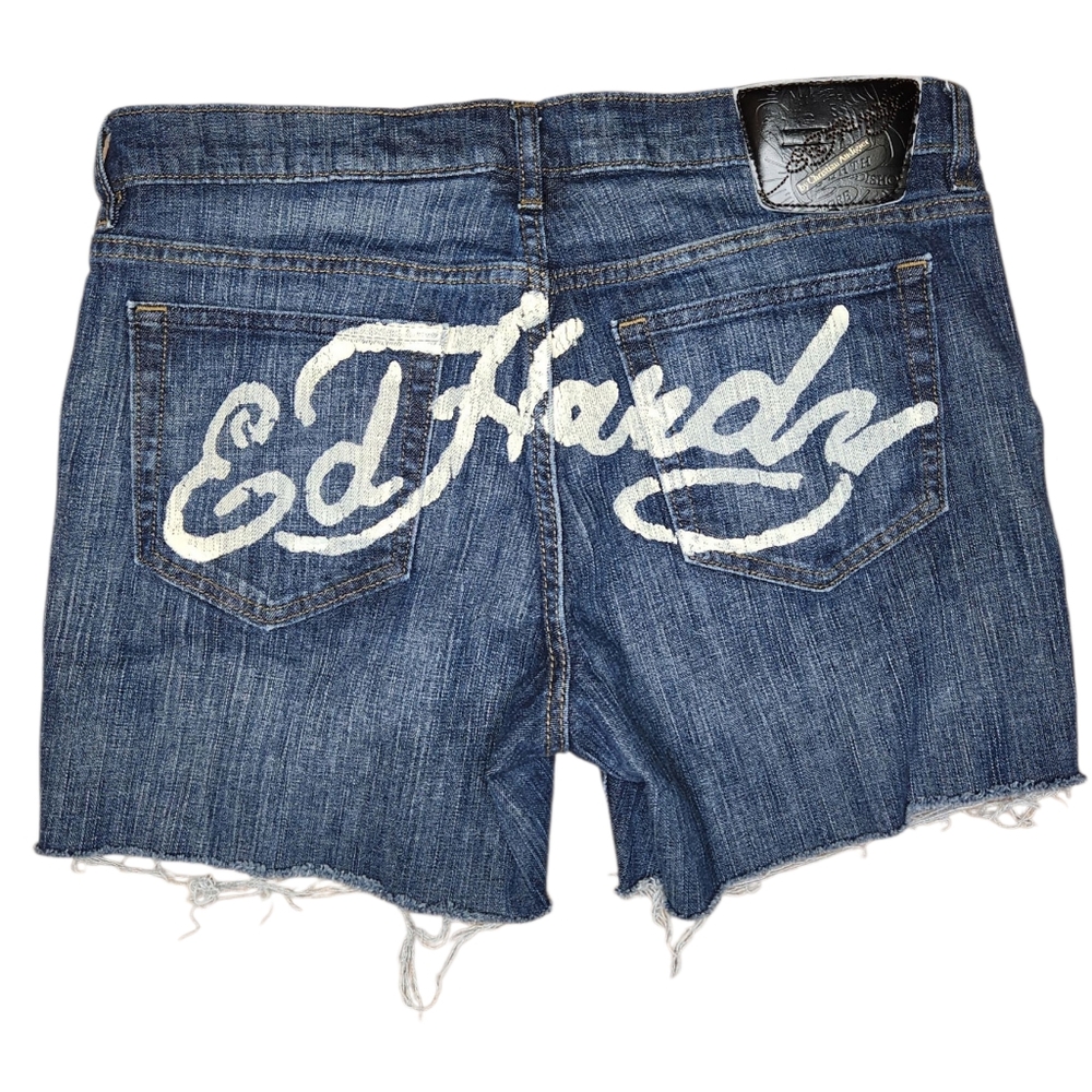 Vintage Y2K Ed Hardy Super Low Rise Denim Cutoff Shorts Sz 32 Back Spellout Logo